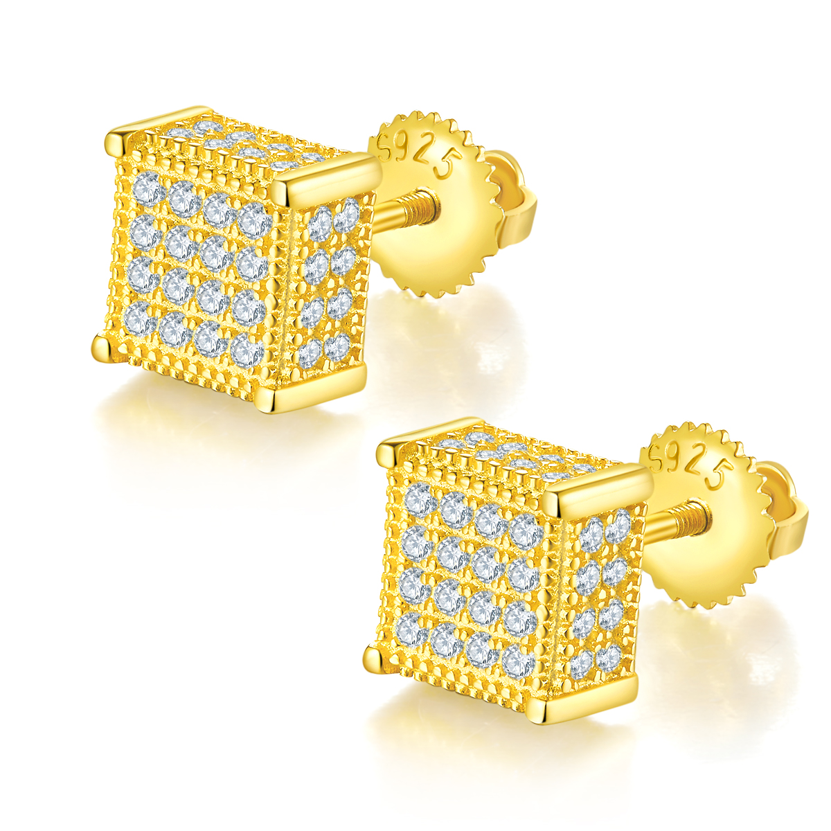 Square Cubic S925 Silver Stud Earrings with Threaded Moissan Diamonds Grade D 0.77CT