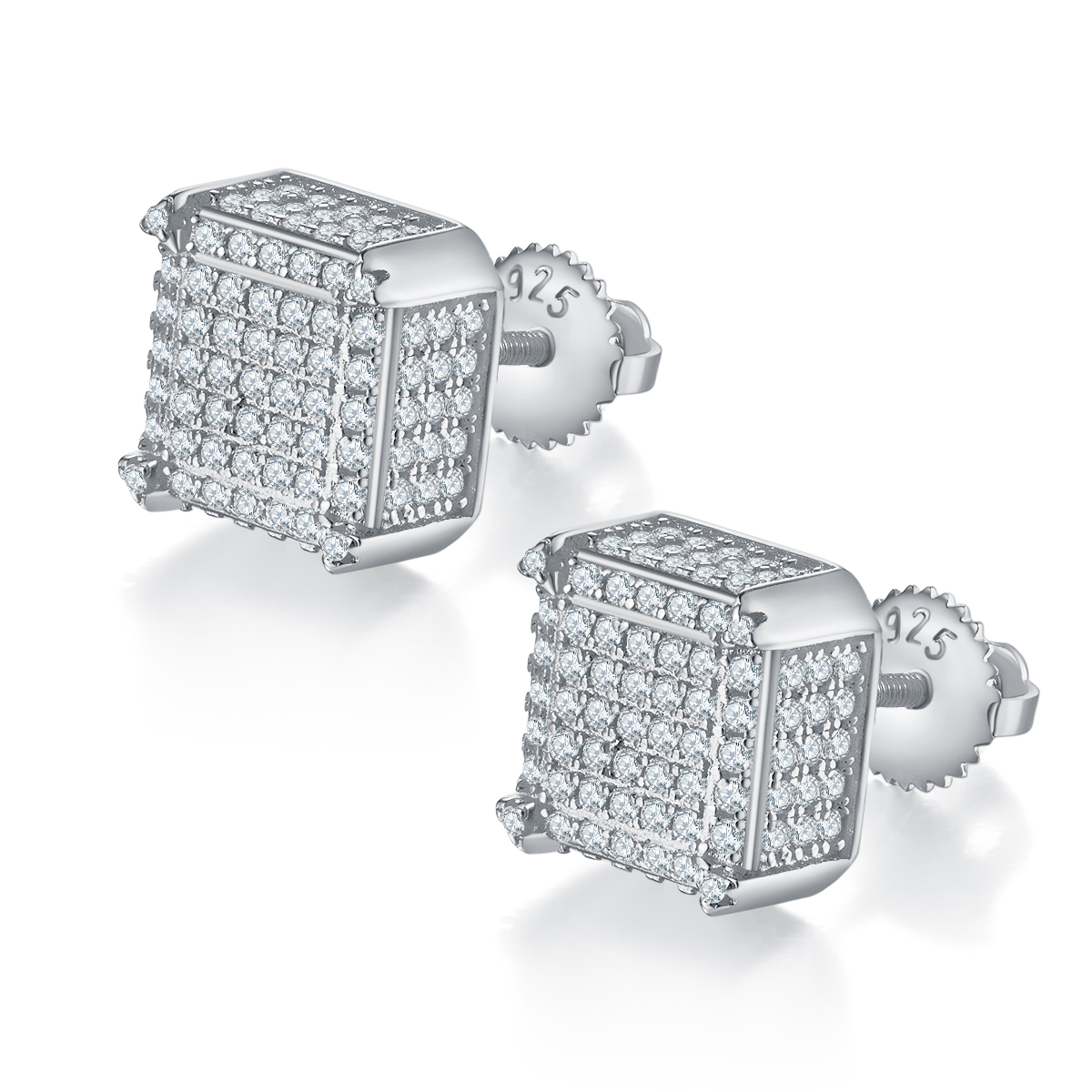 Square Side Set S925 Silver Stud Earrings with Threaded Moissan Diamond Centigrade D Grade 1.08CT