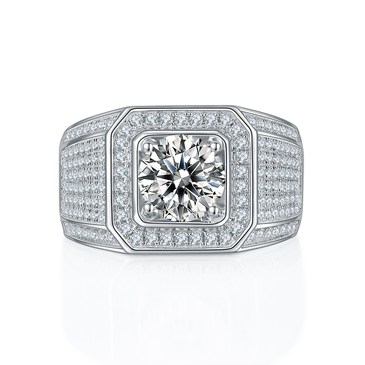 M76BS925 Silver Plated White Gold Moissan Diamond Men's Ring 2 Carat Grade D