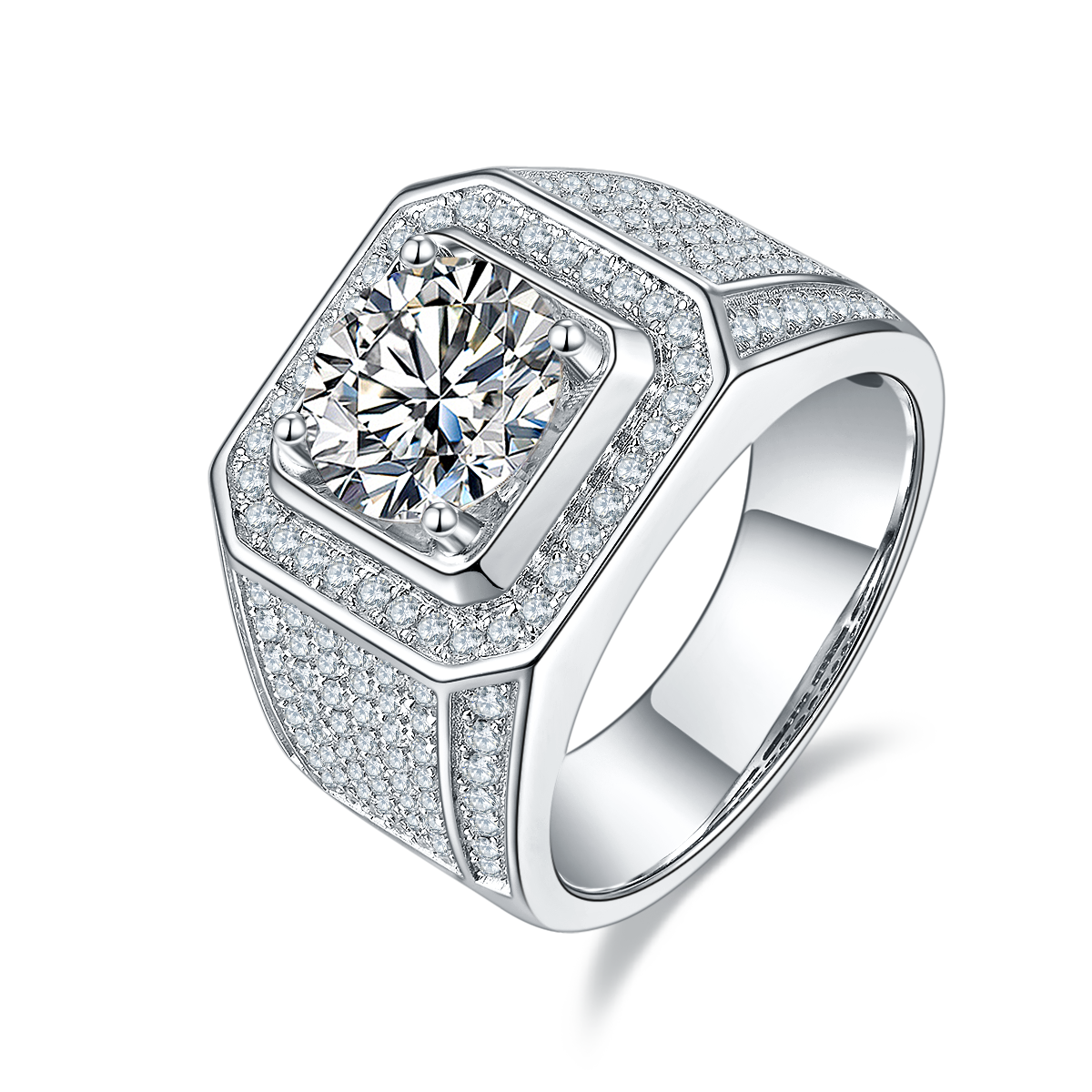 M76C S925 Silver Plated White Gold Moissan Diamond Men's Ring 3 Carat Grade D