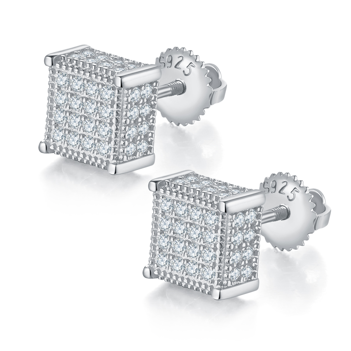 Square Cubic S925 Silver Stud Earrings with Threaded Moissan Diamonds Grade D 0.77CT