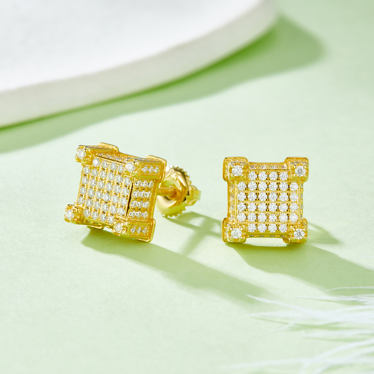 Square Post S925 Silver Stud Earrings with Threaded Moissan Diamond Centile D 1.06CT