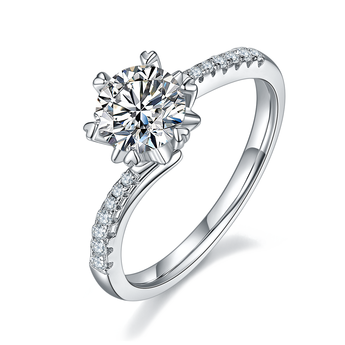 Twisted arm micro-set snowflake S925 silver plated white gold moissanite diamond women's ring 1 carat grade D