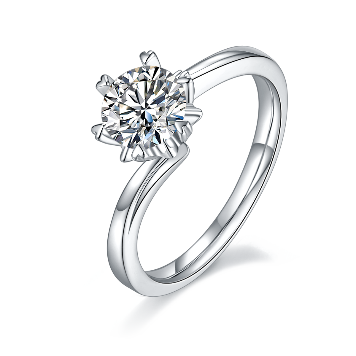Twisted Arm Classic Snowflake S925 Silver Plated White Gold Moissan Diamond Women's Ring 1 Ct D