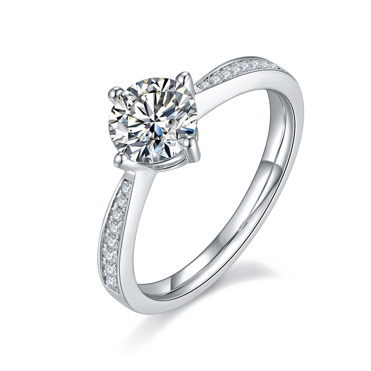 Straight Arm Micropavé Four Prong S925 Silver Plated White Gold Moissan Diamond Women's Ring 1 Carat D