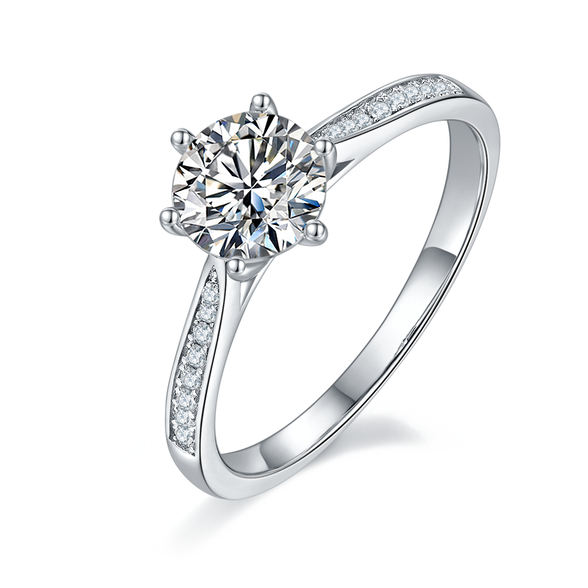 Straight Arm Microset Six Prong S925 White Gold Plated Moissanite Women's Ring 1 ct.