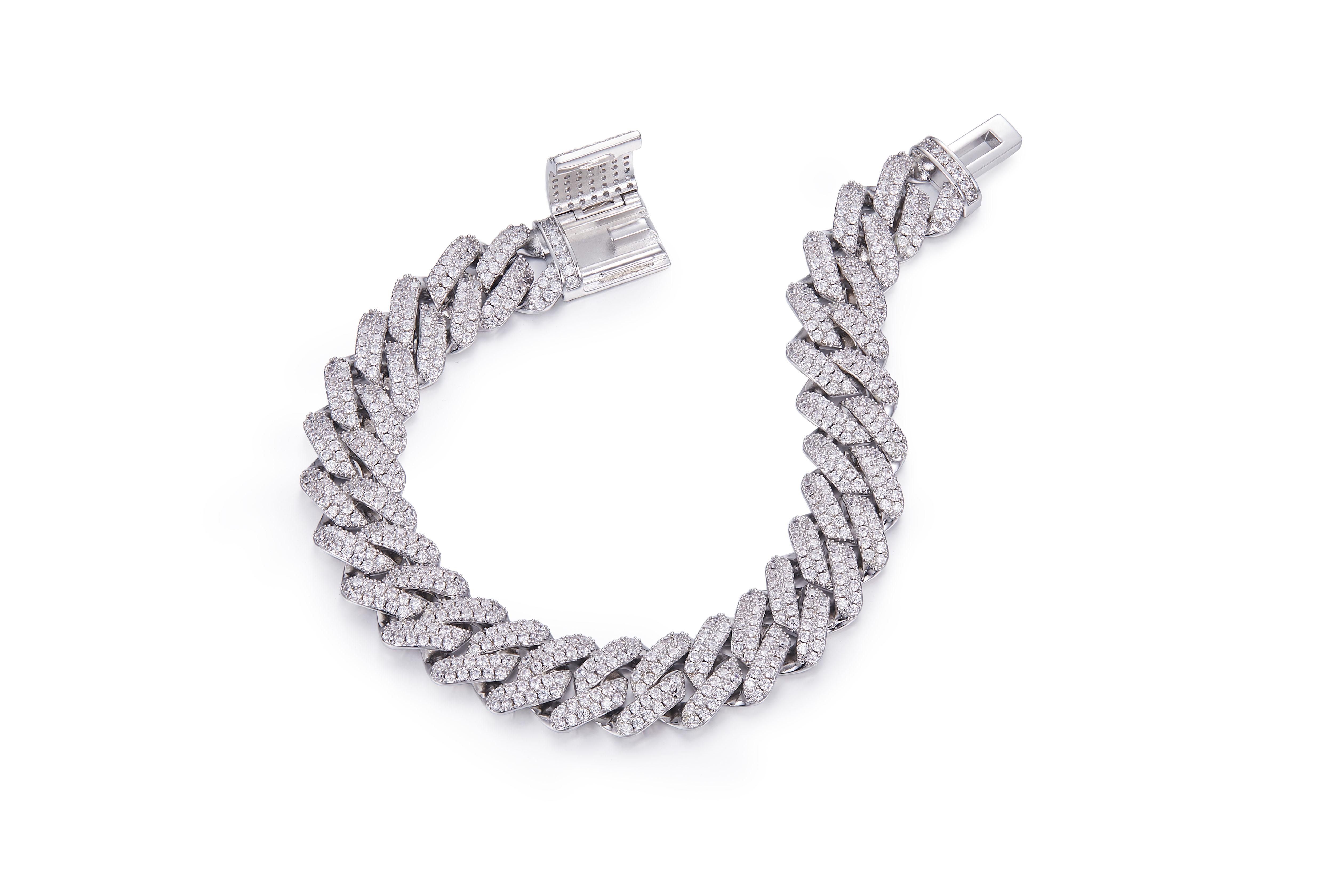 14mm Wide Cuban Chain S925 Silver with Moissan Diamonds Criolite Round White DVVS