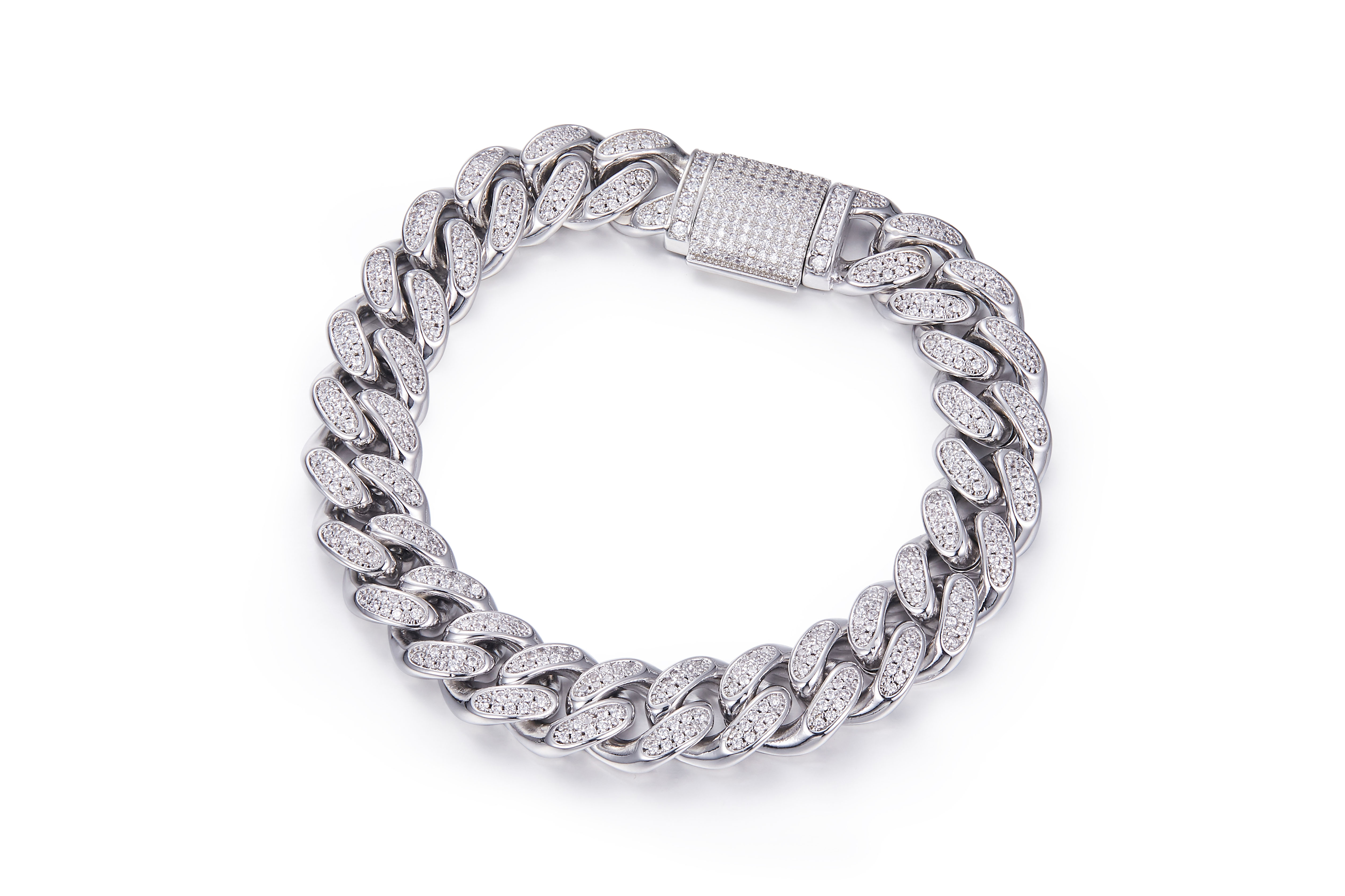 12mm wide Cuban Chain S925 Silver with Moissan Diamonds Criolite Round White DVVS